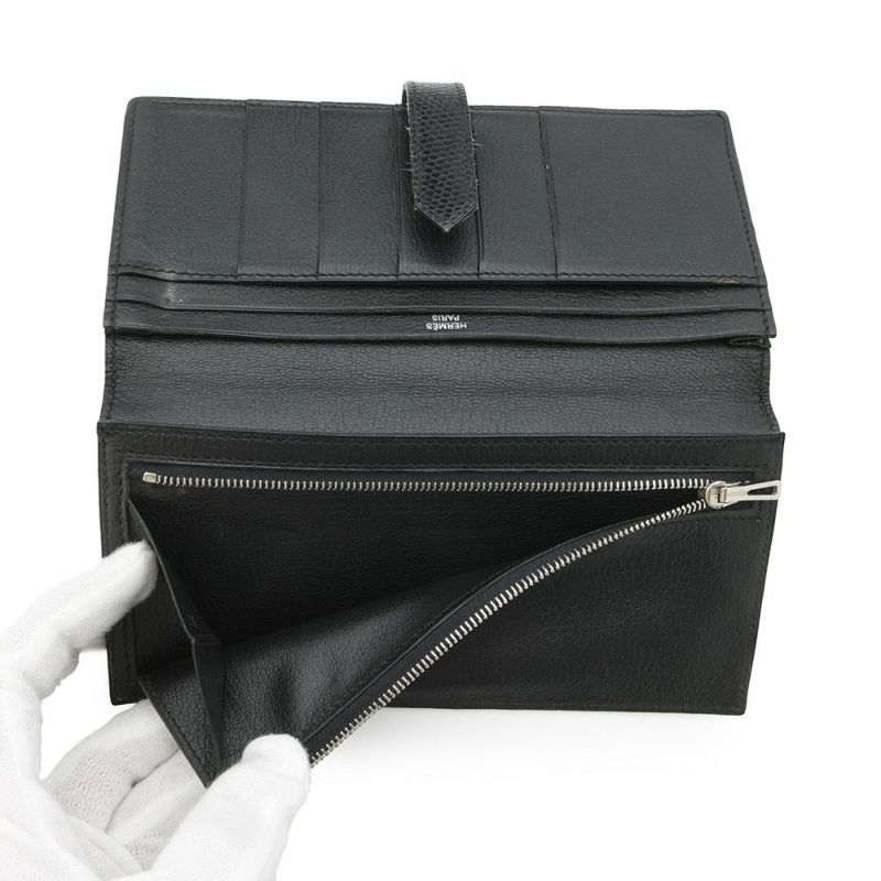 エルメス 長財布 ベアンスフレ ブラック/シルバー金具 リザード □L刻印 HERMES 財布 黒