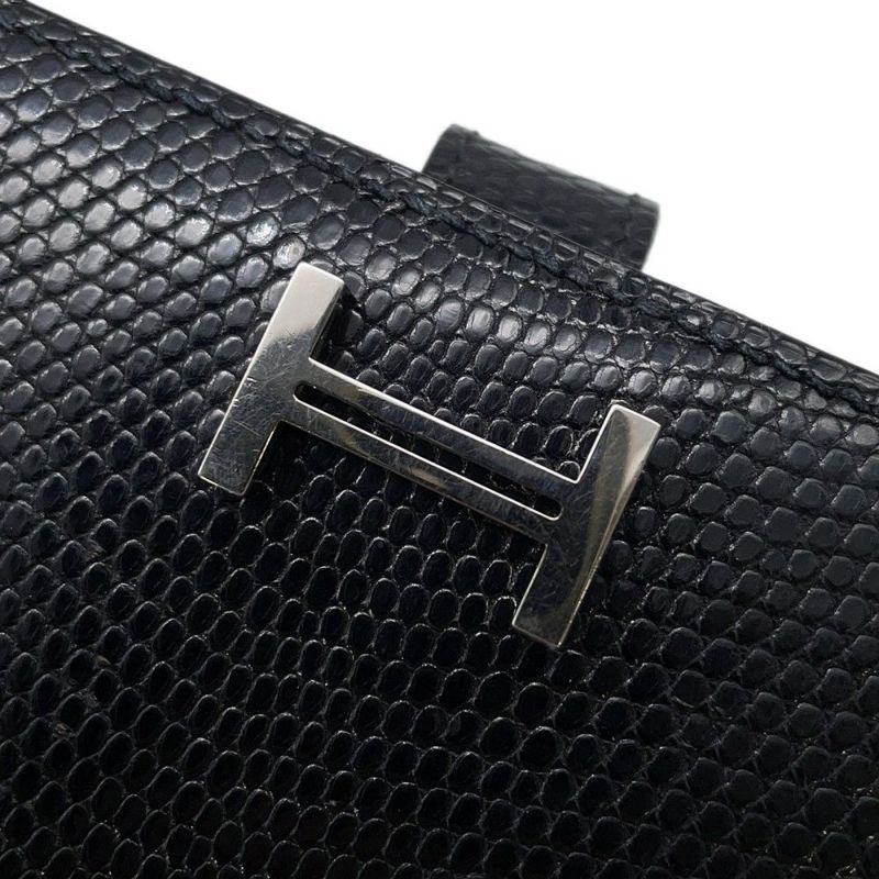 エルメス 長財布 ベアンスフレ ブラック/シルバー金具 リザード □L刻印 HERMES 財布 黒