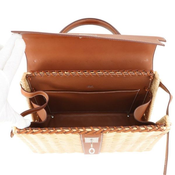 エルメス ハンドバッグ ケリー35 ピクニック ナチュラル/フォーブ/シルバー金具 ラタン/バレニア □O刻印