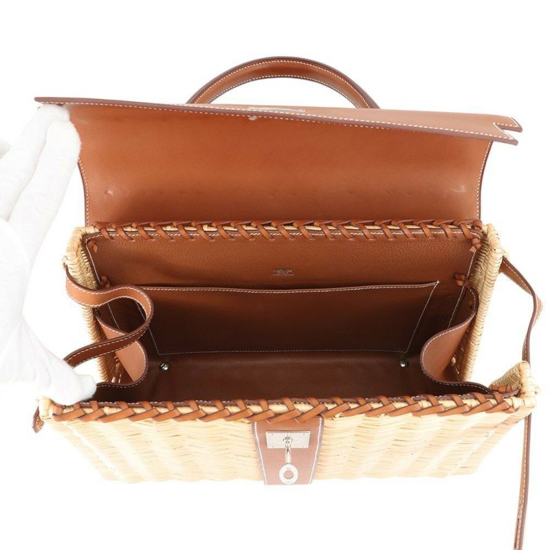 エルメス ハンドバッグ ケリー35 ピクニック ナチュラル/フォーブ/シルバー金具 ラタン/バレニア □O刻印