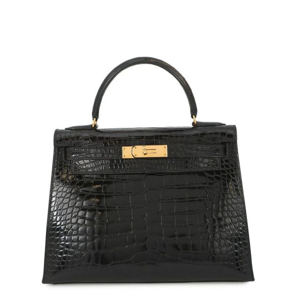 エルメス ハンドバッグ ケリー28 外縫い ブラック/ゴールド金具 アリゲーターシャイン 〇V刻印 2wayショルダー 黒