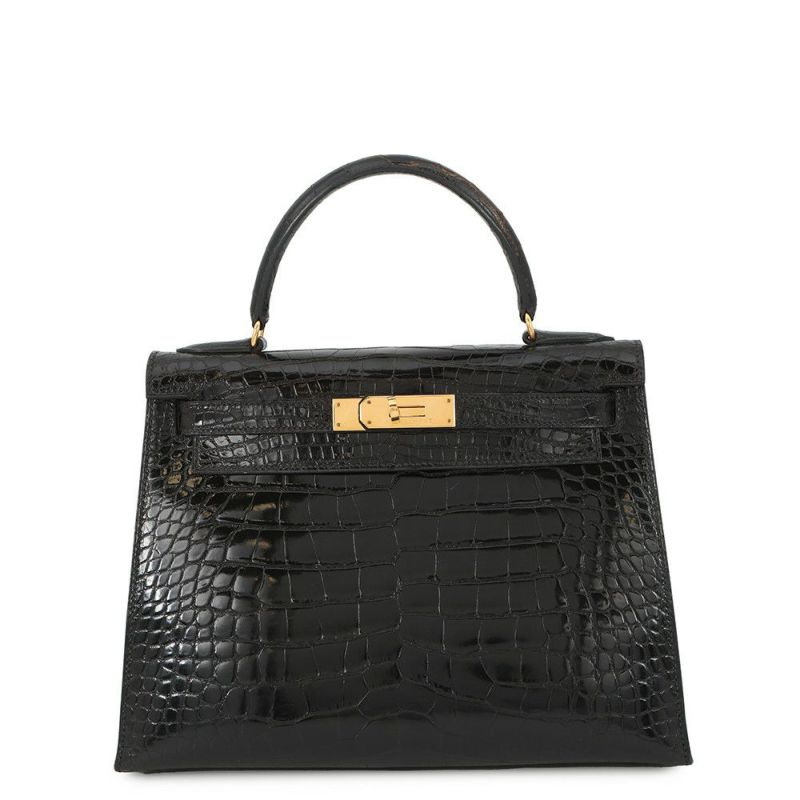 エルメス ハンドバッグ ケリー28 外縫い ブラック/ゴールド金具 アリゲーターシャイン 〇V刻印 2wayショルダー 黒