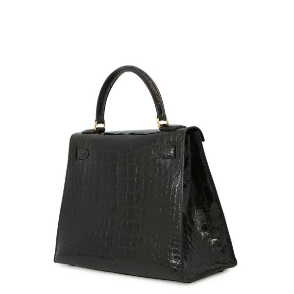 エルメス ハンドバッグ ケリー28 外縫い ブラック/ゴールド金具 アリゲーターシャイン 〇V刻印 2wayショルダー 黒