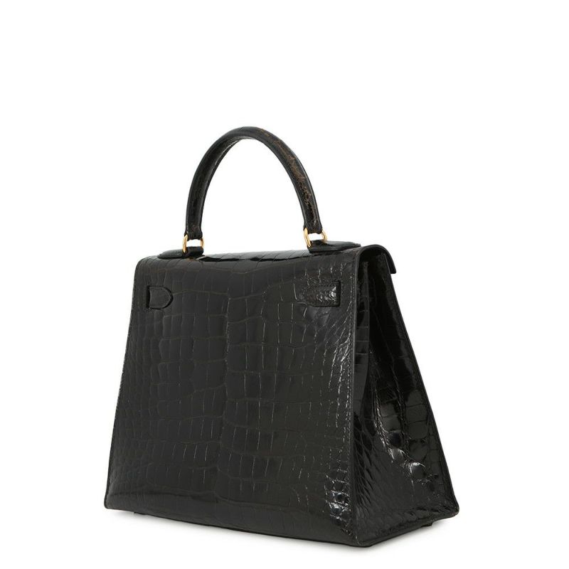 エルメス ハンドバッグ ケリー28 外縫い ブラック/ゴールド金具 アリゲーターシャイン 〇V刻印 2wayショルダー 黒
