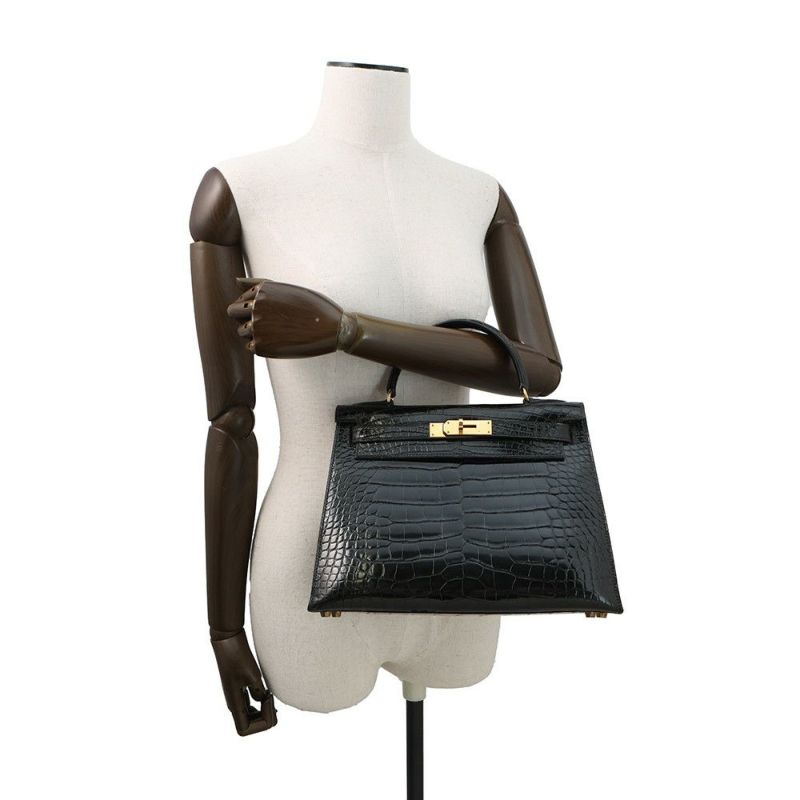 エルメス ハンドバッグ ケリー28 外縫い ブラック/ゴールド金具 アリゲーターシャイン 〇V刻印 2wayショルダー 黒