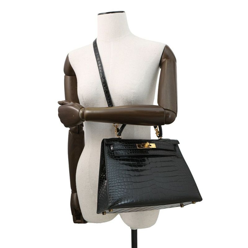 エルメス ハンドバッグ ケリー28 外縫い ブラック/ゴールド金具 アリゲーターシャイン 〇V刻印 2wayショルダー 黒