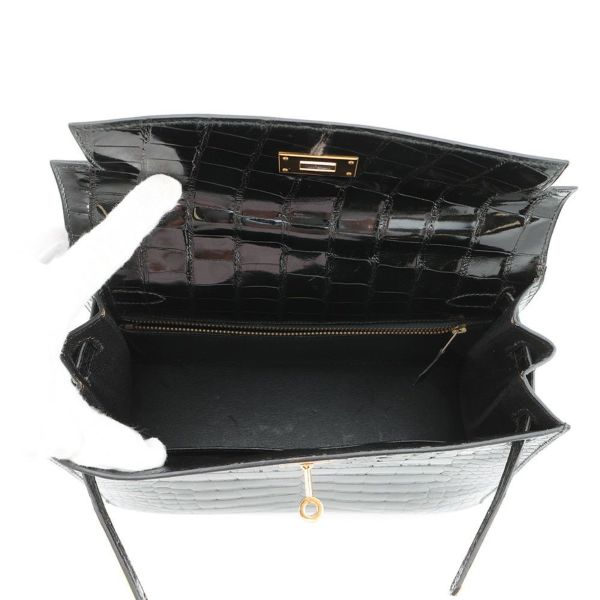 エルメス ハンドバッグ ケリー28 外縫い ブラック/ゴールド金具 アリゲーターシャイン 〇V刻印 2wayショルダー 黒