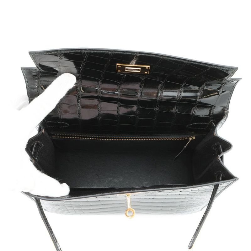 エルメス ハンドバッグ ケリー28 外縫い ブラック/ゴールド金具 アリゲーターシャイン 〇V刻印 2wayショルダー 黒