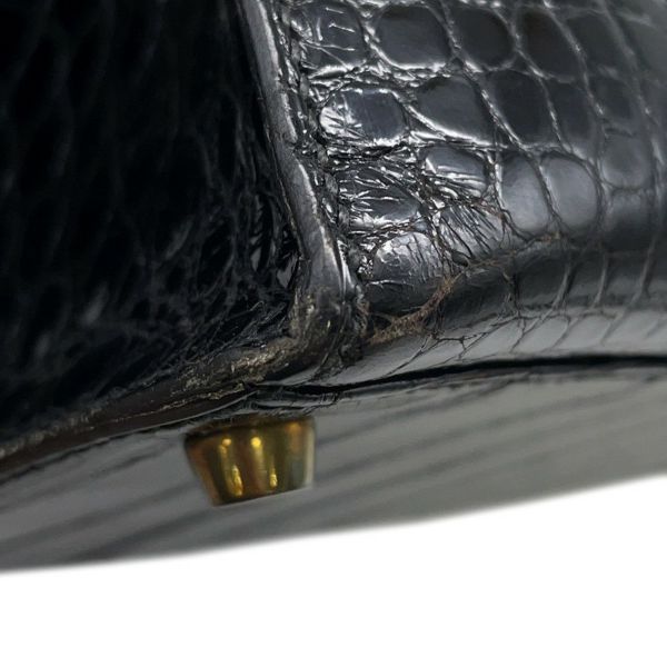エルメス ハンドバッグ ケリー28 外縫い ブラック/ゴールド金具 アリゲーターシャイン 〇V刻印 2wayショルダー 黒