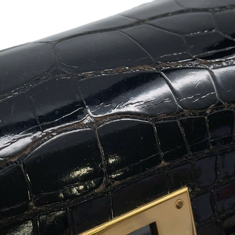 エルメス ハンドバッグ ケリー28 外縫い ブラック/ゴールド金具 アリゲーターシャイン 〇V刻印 2wayショルダー 黒
