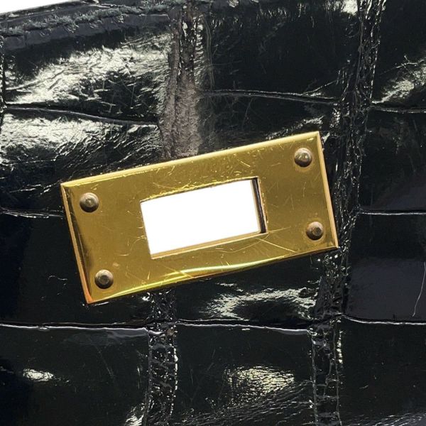 エルメス ハンドバッグ ケリー28 外縫い ブラック/ゴールド金具 アリゲーターシャイン 〇V刻印 2wayショルダー 黒