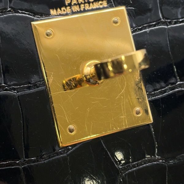 エルメス ハンドバッグ ケリー28 外縫い ブラック/ゴールド金具 アリゲーターシャイン 〇V刻印 2wayショルダー 黒