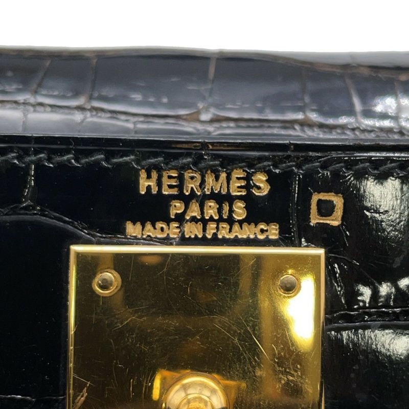 エルメス ハンドバッグ ケリー28 外縫い ブラック/ゴールド金具 アリゲーターシャイン 〇V刻印 2wayショルダー 黒