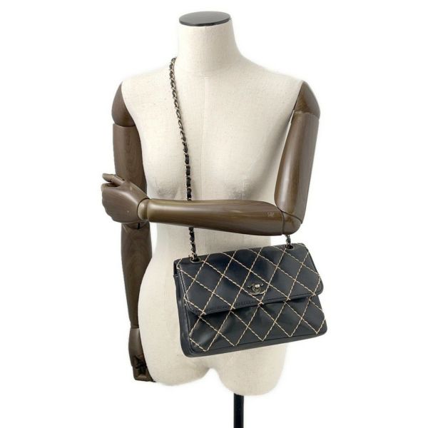シャネル チェーンショルダーバッグ マトラッセ ココマーク ワイルドステッチ ダブルチェーン ラムスキン CHANEL 黒