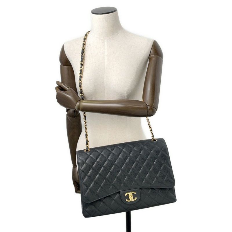 シャネル チェーンショルダーバッグ マトラッセ34 ココマーク マキシ ダブルフラップ Wチェーン A58601 デカマト 黒