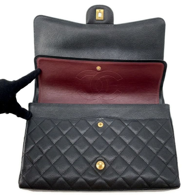 シャネル チェーンショルダーバッグ マトラッセ34 ココマーク マキシ ダブルフラップ Wチェーン A58601 デカマト 黒