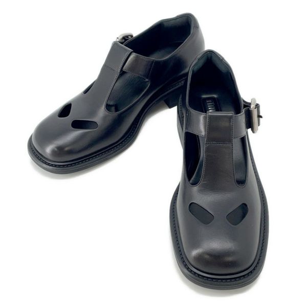 ミュウミュウ ローファー Tバー レザー レディースサイズ37 1/2 5E318E MIUMIU 靴 黒