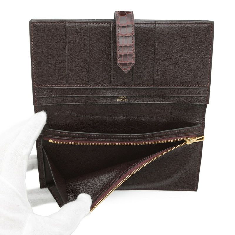 エルメス 長財布 ベアンスフレ マチ有り ブルゴーニュ/ゴールド金具 アリゲーターシャイン Z刻印 HERMES 財布