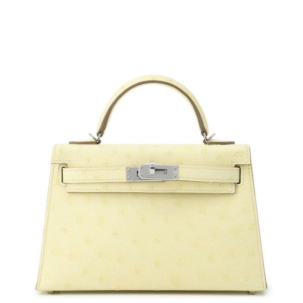 エルメス ハンドバッグ ミニケリー2 外縫い ジョーヌミルトン/シルバー金具 オーストリッチ K刻印 2wayショルダー