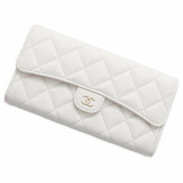 シャネル 長財布 クラシック ロング フラップ ウォレット マトラッセ ココマーク キャビアスキン AP0241 CHANEL 白