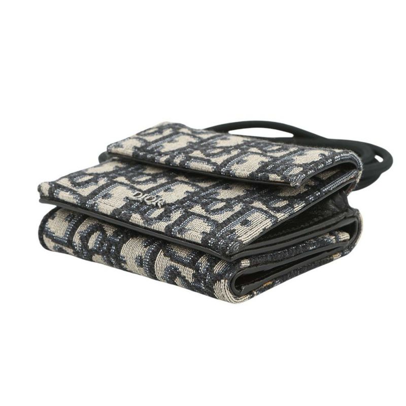 クリスチャン・ディオール 三つ折り財布 オブリーク コンパクトウォレット  ネックストラップ付き Christian Dior 財布