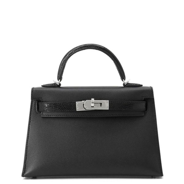 エルメス ミニケリー2 外縫い タッチ ブラック/シルバー金具 リザード/ヴォーマダム W刻印 2wayショルダー 黒