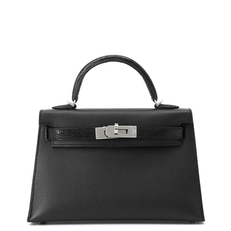 エルメス ミニケリー2 外縫い タッチ ブラック/シルバー金具 リザード/ヴォーマダム W刻印 2wayショルダー 黒
