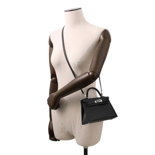 エルメス ミニケリー2 外縫い タッチ ブラック/シルバー金具 リザード/ヴォーマダム W刻印 2wayショルダー 黒