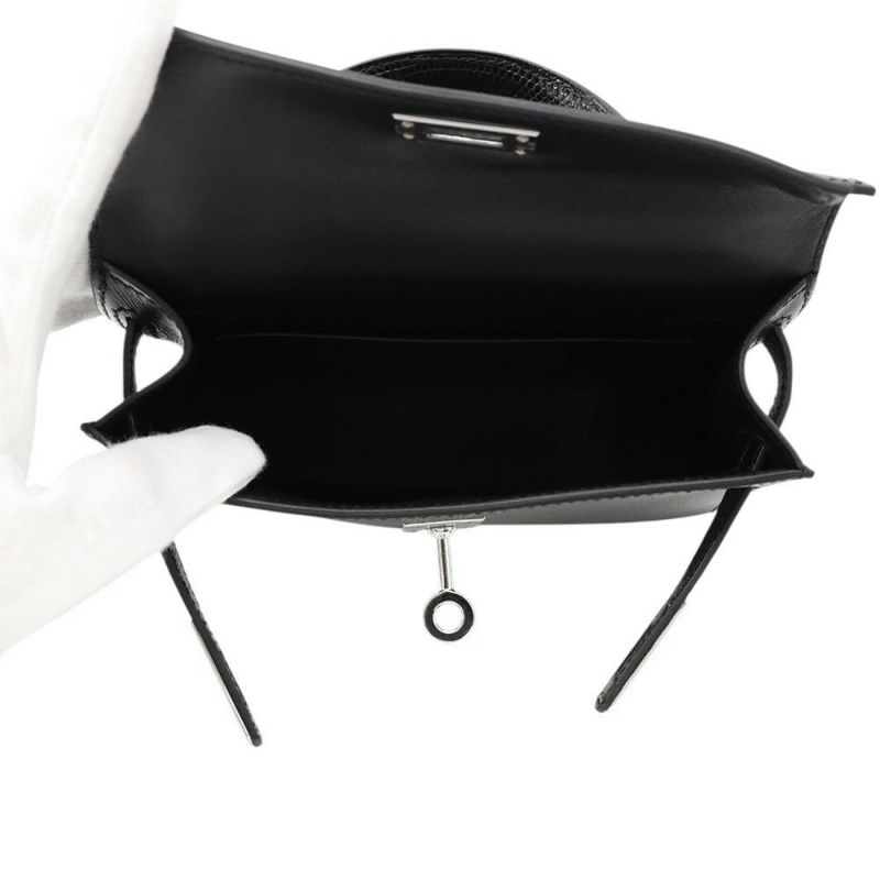 エルメス ミニケリー2 外縫い タッチ ブラック/シルバー金具 リザード/ヴォーマダム W刻印 2wayショルダー 黒