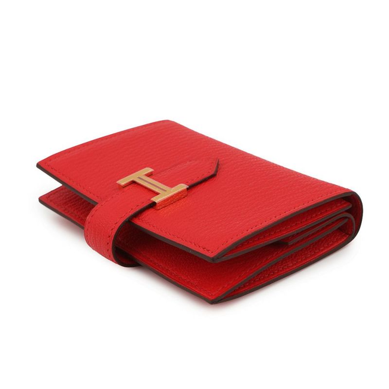 エルメス カードケース ベアン ミニ 小銭入れ付き ルージュラデュ/ゴールド金具 シェブルミゾル K刻印 HERMES 名刺入れ コインケース