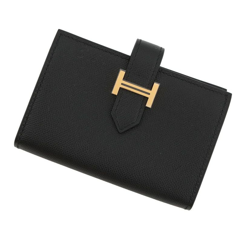 エルメス カードケース ベアン ミニ 小銭入れ付き ブラック/ゴールド金具 ヴォーマダム K刻印 HERMES 名刺入れ コインケース 黒