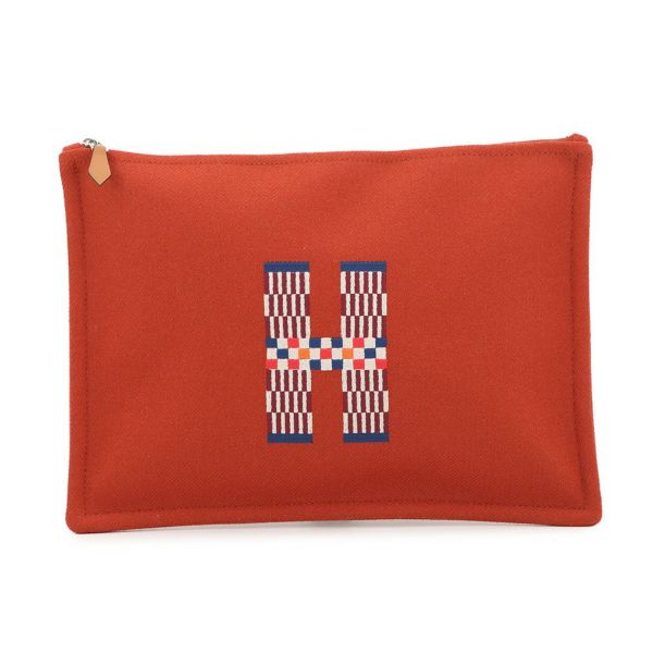 エルメス フラットポーチ HナッテGM トメット/シルバー金具 ウール HERMES 小物入れ