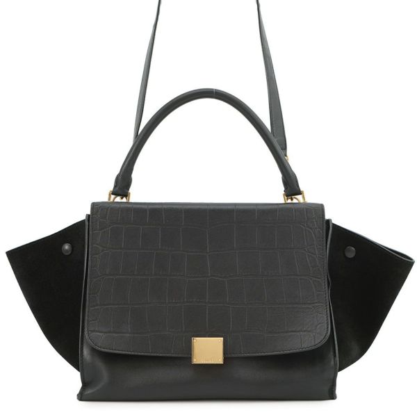 セリーヌ ハンドバッグ トラペーズ クロコ型押しレザー スエード CELINE 2way 黒