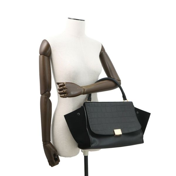 セリーヌ ハンドバッグ トラペーズ クロコ型押しレザー スエード CELINE 2way 黒