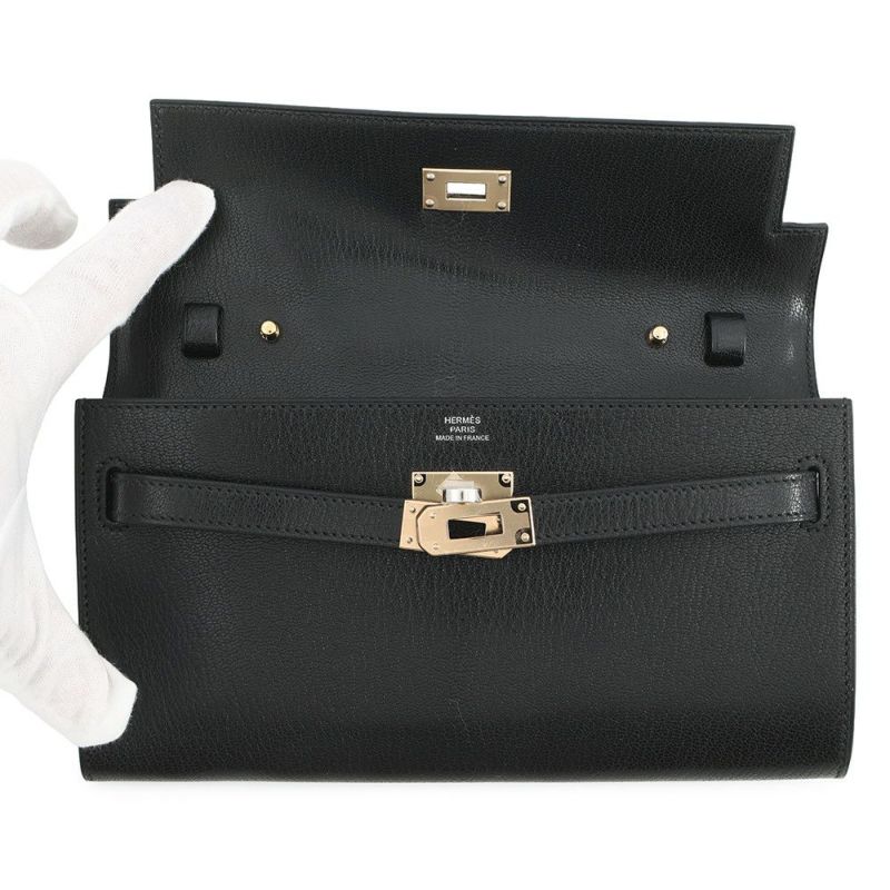 エルメス 長財布 ケリーウォレット ロング ブラック/エレクトラム金具 シェブルシャムキラ K刻印 HERMES 財布 黒
