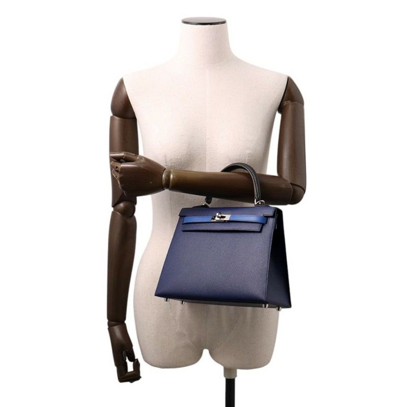 エルメス ケリー25 外縫い トリコロール ブルーサフィール/ブルーフランス/ブラック/シルバー金具 エプソン U刻印 2wayショルダー