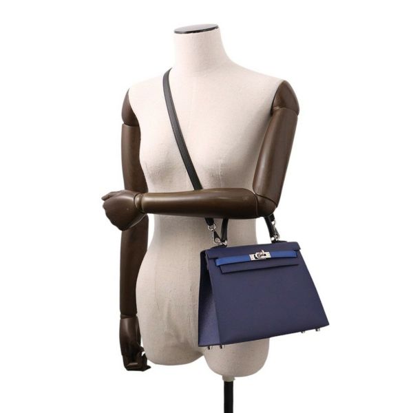 エルメス ケリー25 外縫い トリコロール ブルーサフィール/ブルーフランス/ブラック/シルバー金具 エプソン U刻印 2wayショルダー