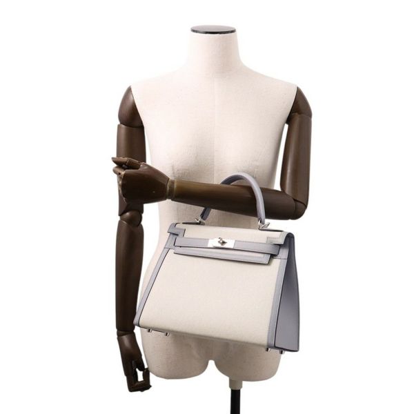 エルメス ハンドバッグ ケリー28 外縫い エクリュ/ブルーグラシエ/シルバー金具 トワルアッシュ/スイフト K刻印 2wayショルダー