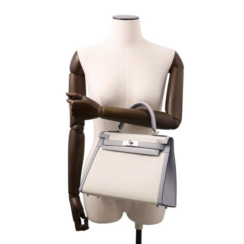 エルメス ハンドバッグ ケリー28 外縫い エクリュ/ブルーグラシエ/シルバー金具 トワルアッシュ/スイフト K刻印 2wayショルダー