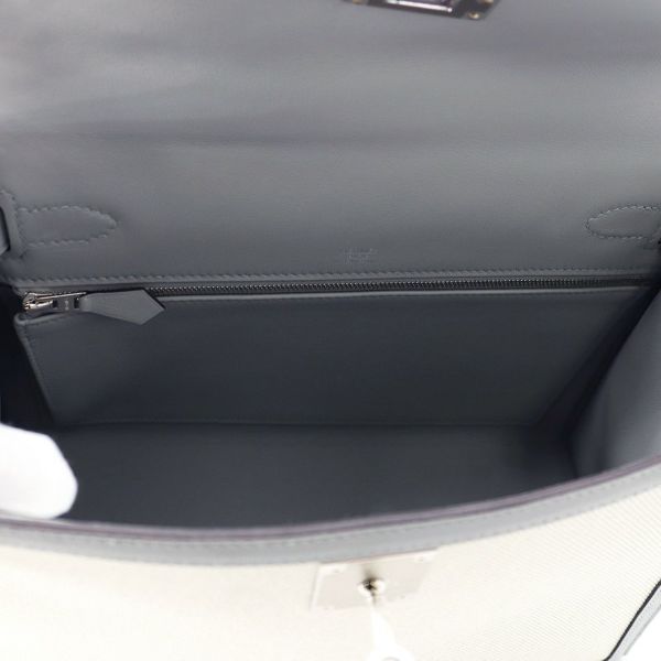 エルメス ハンドバッグ ケリー28 外縫い エクリュ/ブルーグラシエ/シルバー金具 トワルアッシュ/スイフト K刻印 2wayショルダー