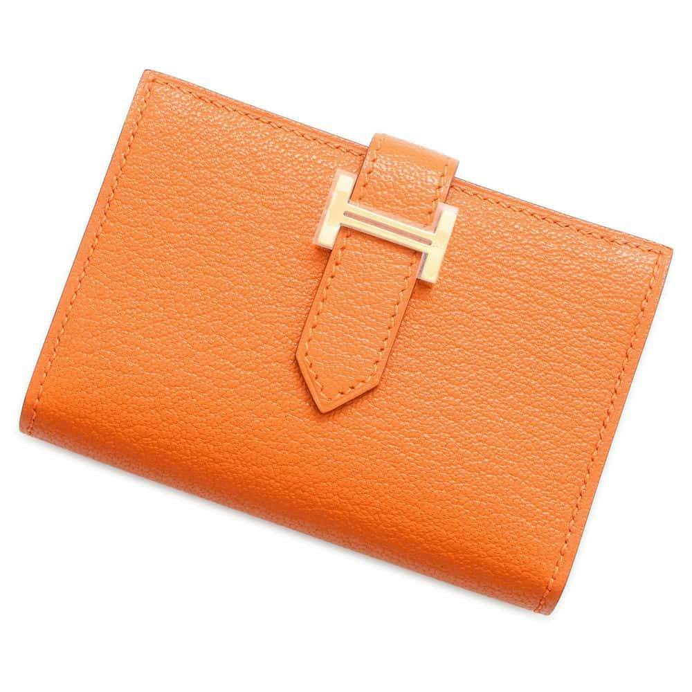 エルメス カードケース ベアン オレンジ/ゴールド金具 シェブルミゾル 