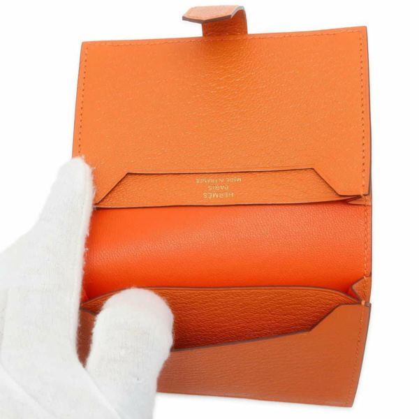 エルメス カードケース ベアン オレンジ/ゴールド金具 シェブルミゾル B刻印 HERMES 財布