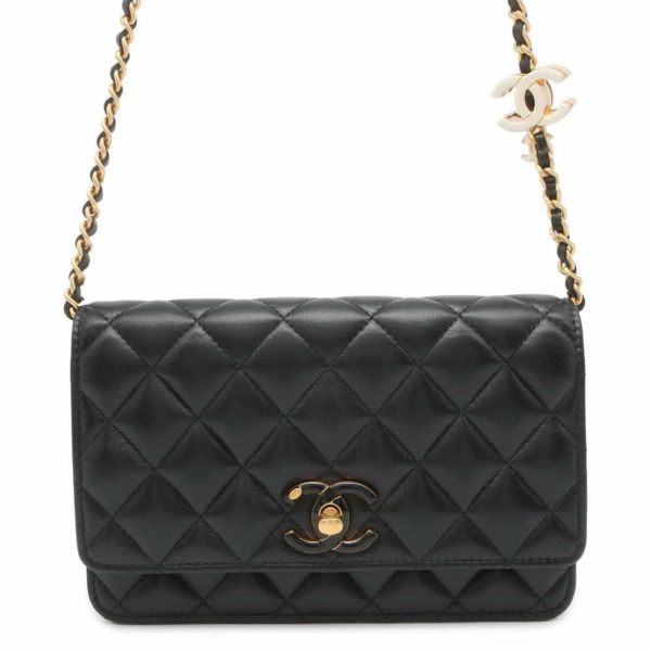 シャネル チェーンウォレット マトラッセ ココマーク シャイニーラムスキン AP3938 CHANEL 財布 黒