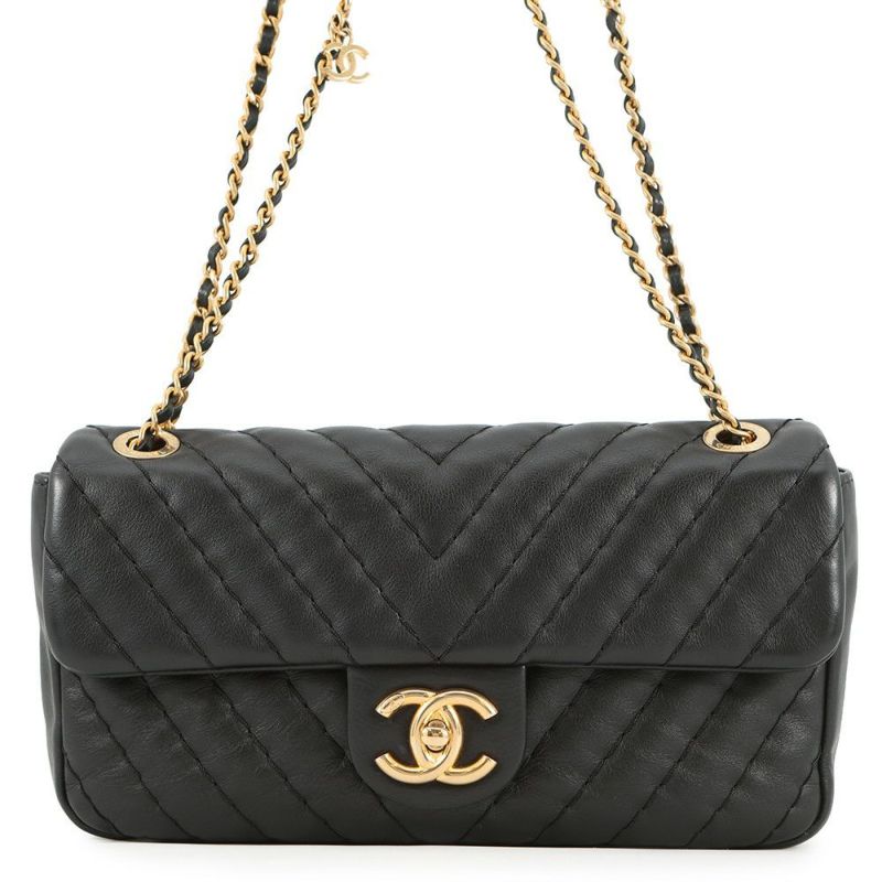 シャネル チェーンショルダーバッグ ココマーク シェブロン ラムスキン CHANEL 黒