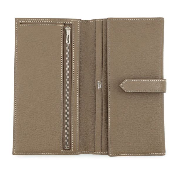 エルメス 長財布 ベアンデュプリ エトゥープ/シルバー金具 シェブルミゾル □K刻印 HERMES 三つ折り財布