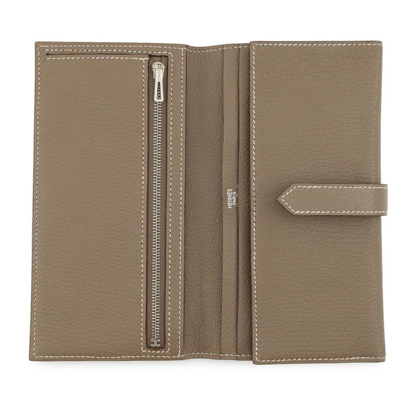 エルメス 長財布 ベアンデュプリ エトゥープ/シルバー金具 シェブルミゾル □K刻印 HERMES 三つ折り財布