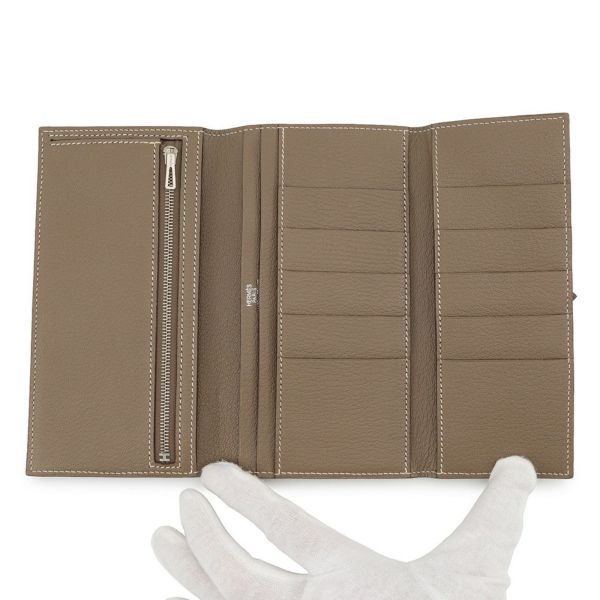 エルメス 長財布 ベアンデュプリ エトゥープ/シルバー金具 シェブルミゾル □K刻印 HERMES 三つ折り財布