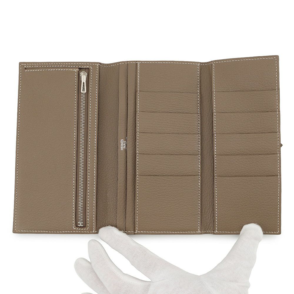 エルメス 長財布 ベアンデュプリ エトゥープ/シルバー金具 シェブルミゾル □K刻印 HERMES 三つ折り財布