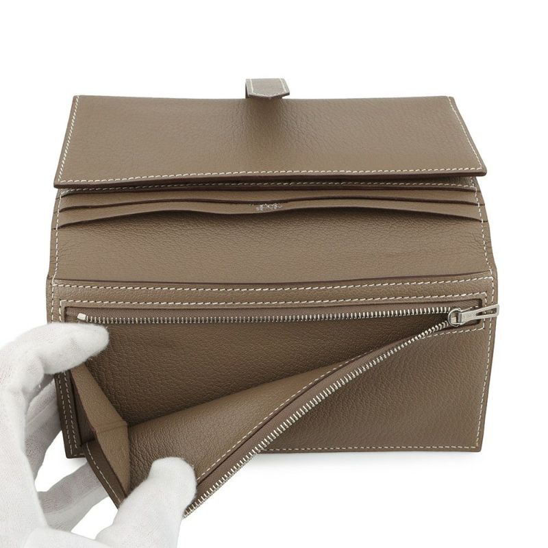 エルメス 長財布 ベアンデュプリ エトゥープ/シルバー金具 シェブルミゾル □K刻印 HERMES 三つ折り財布