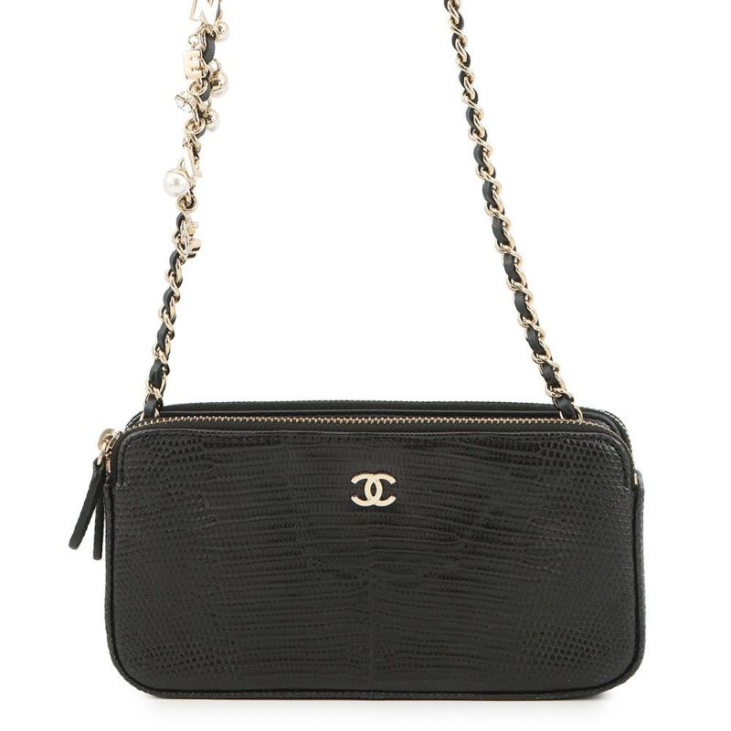 シャネル チェーンウォレット ココマーク リザード A82527 CHANEL ポシェット 財布 黒